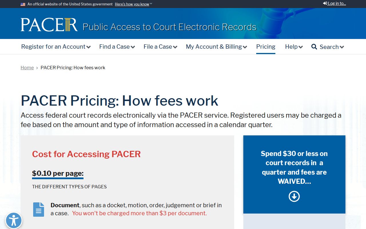 Marshall County court records federal PACER fee comparison