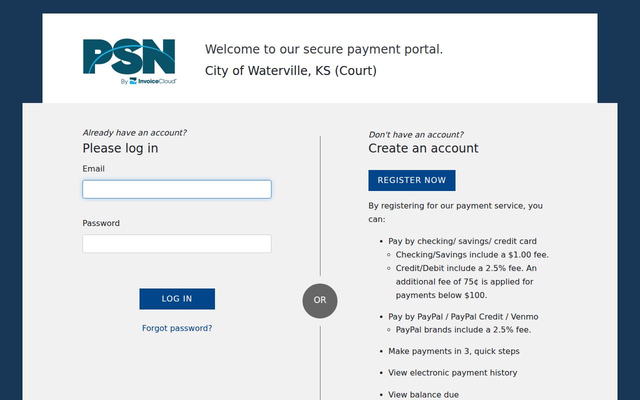 Waterville city-linked payment service interface